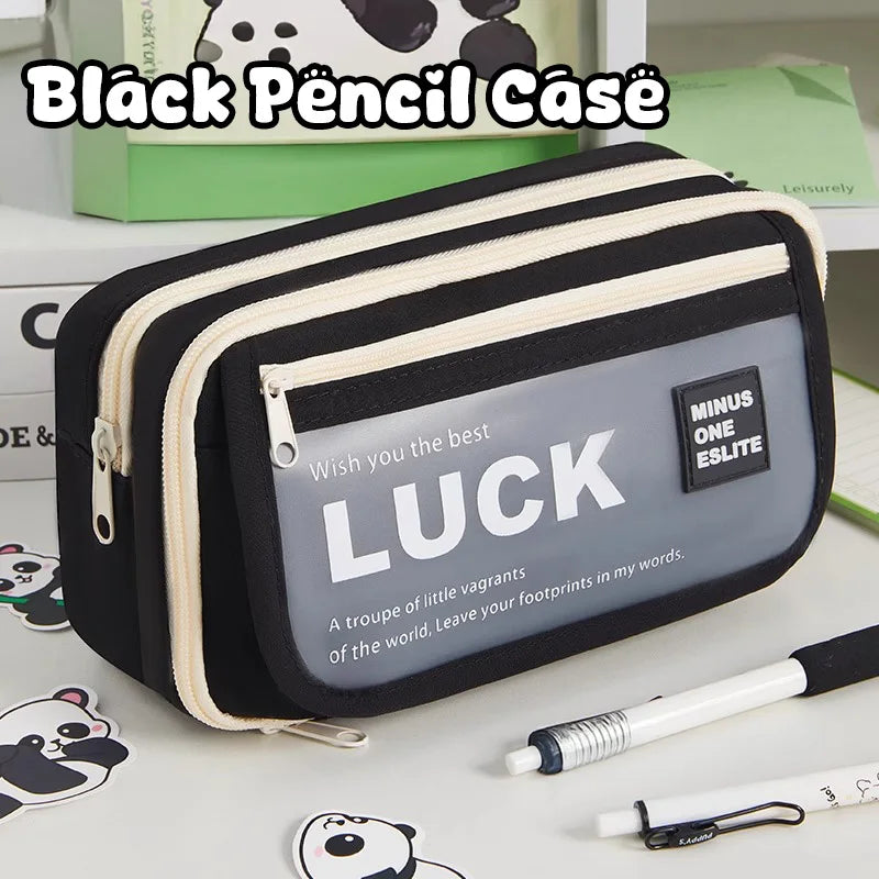 Back To School Pencil Cases Black 3 Compartments Large Capacity Zippers Bag Pouch Pen Box For Boy Girl Large Supplies Stationery